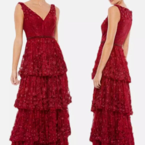 MAC DUGGAL 67710 FLORAL APPLIQUE RUFFLED TIERED SLEEVELESS V-NECK GOWN sz 8 - Picture 1 of 8